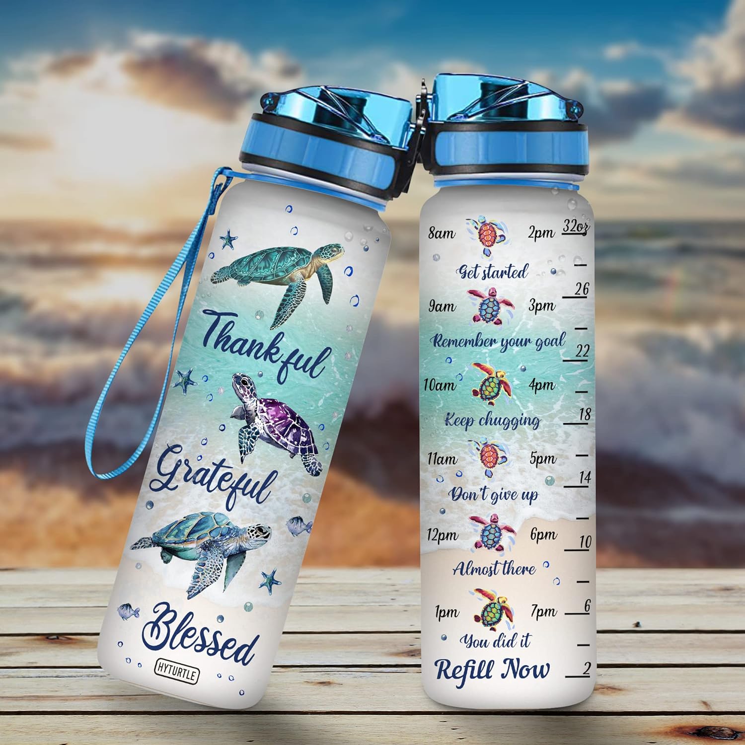 Thankful Grateful Blessed Turtle Water Bottle Tracker 32oz – Personalized Motivational Hydration Bottle – Unique Gift for Sea Turtle Lovers