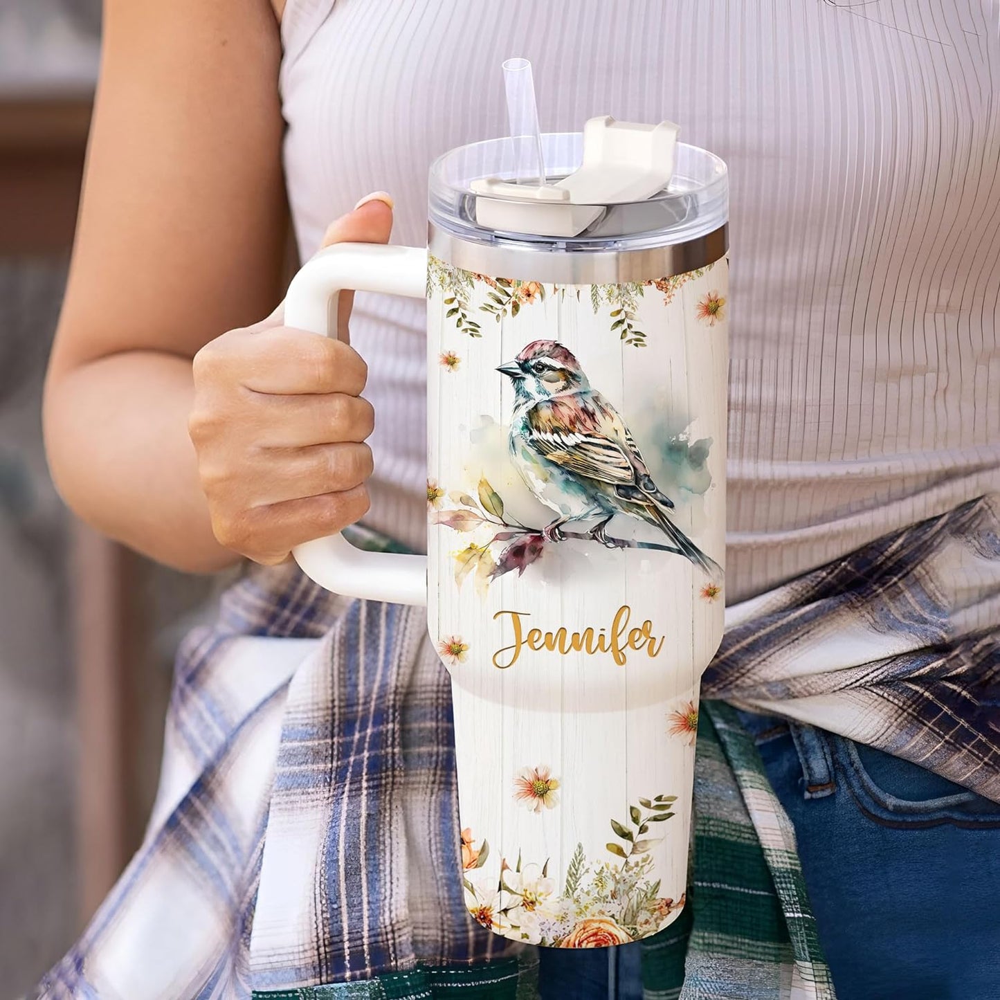 Sparrow Lover Tumbler 40oz with Handle & Straw – Personalized Stainless Steel Insulated Travel Cup – Stylish Gift for Nature Lovers