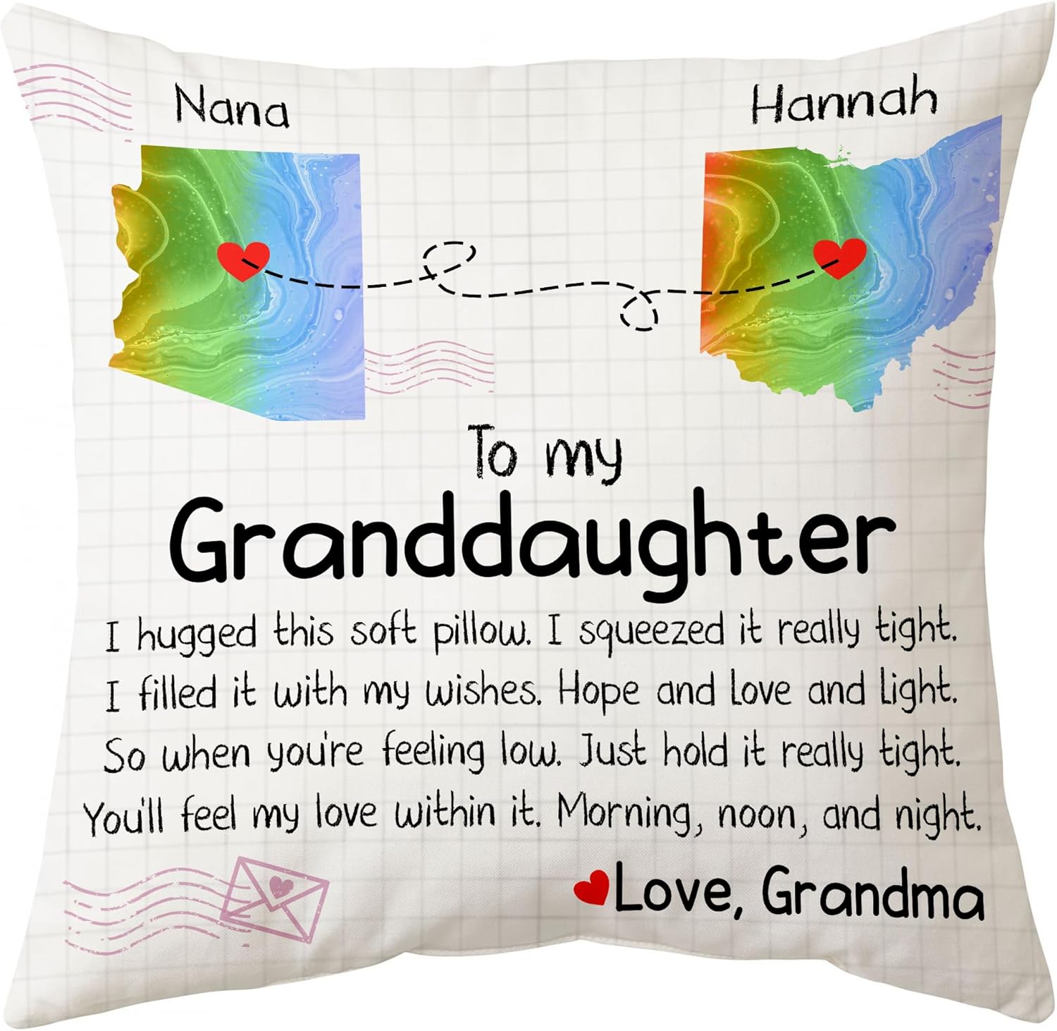 To My Granddaughter Personalized Pillow with Insert – Long Distance State Map Cushion – Cozy Keepsake Gift from Grandma