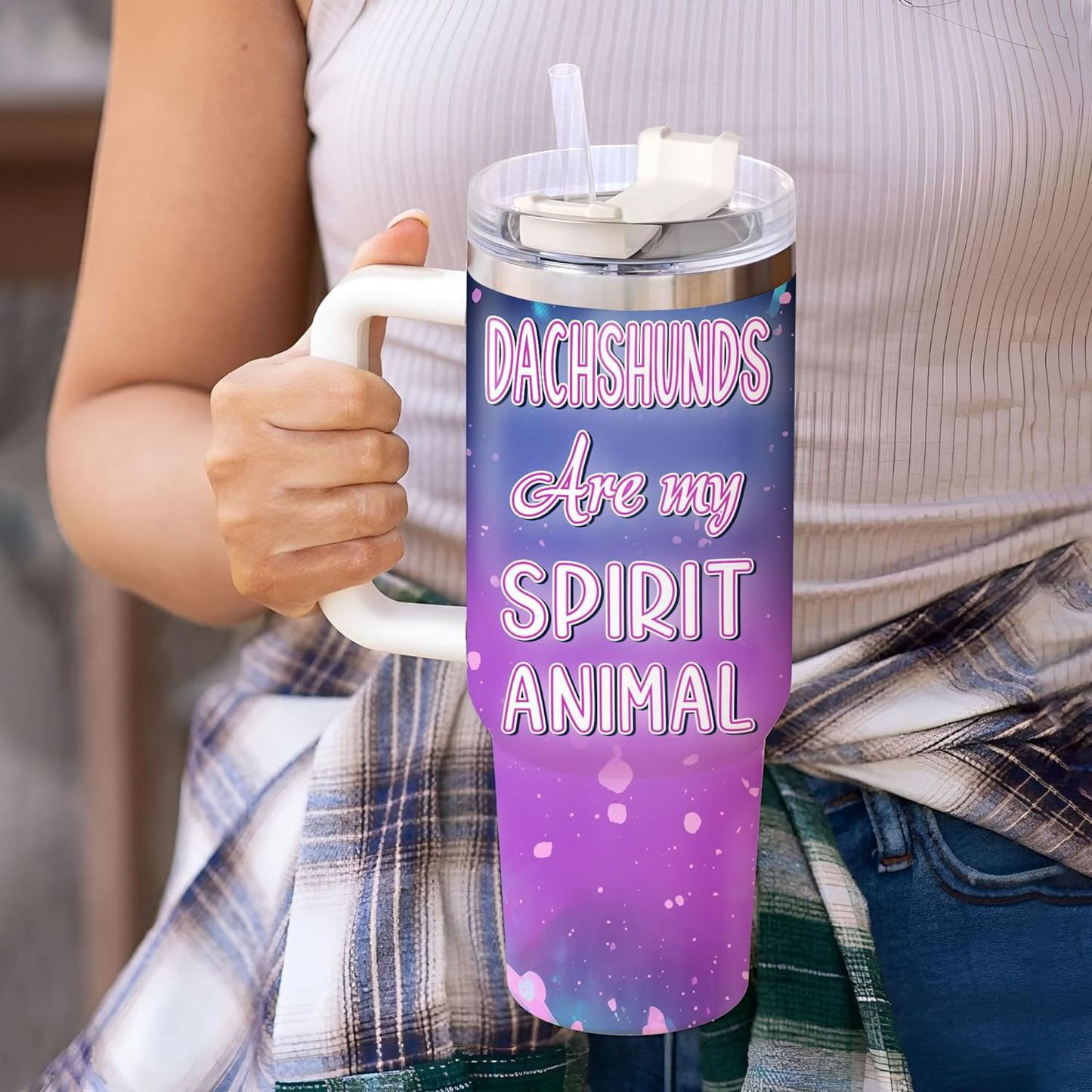 Dachshund Dog Spirit Animal Tumbler 40oz – Personalized Stainless Steel Travel Cup with Handle & Straw – Stylish Gift for Dog Lovers