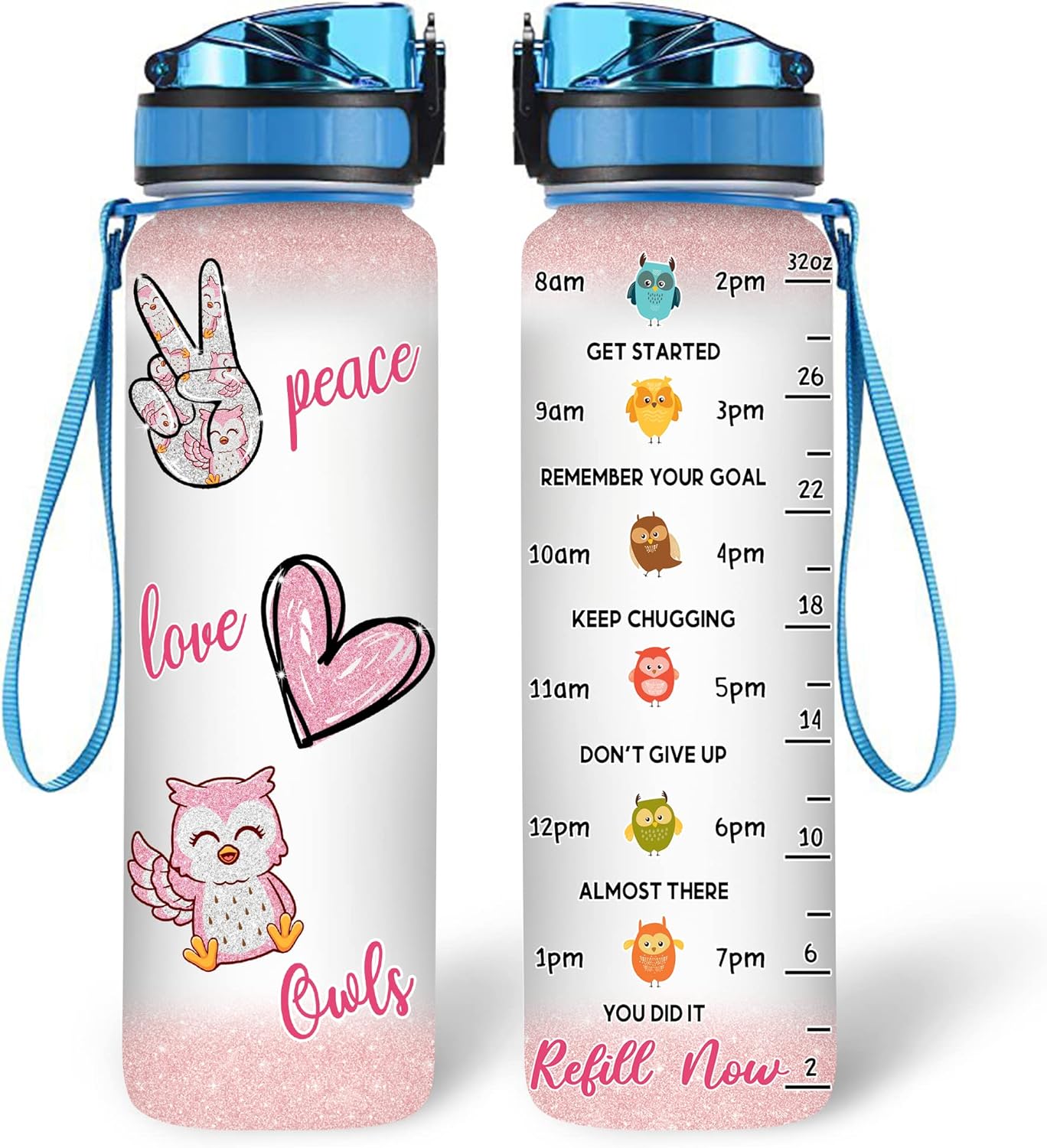 Peace Love Owls Water Bottle Tracker 32oz – Personalized Hydration Bottle with Time Marker – Fun Gift for Owl Lovers