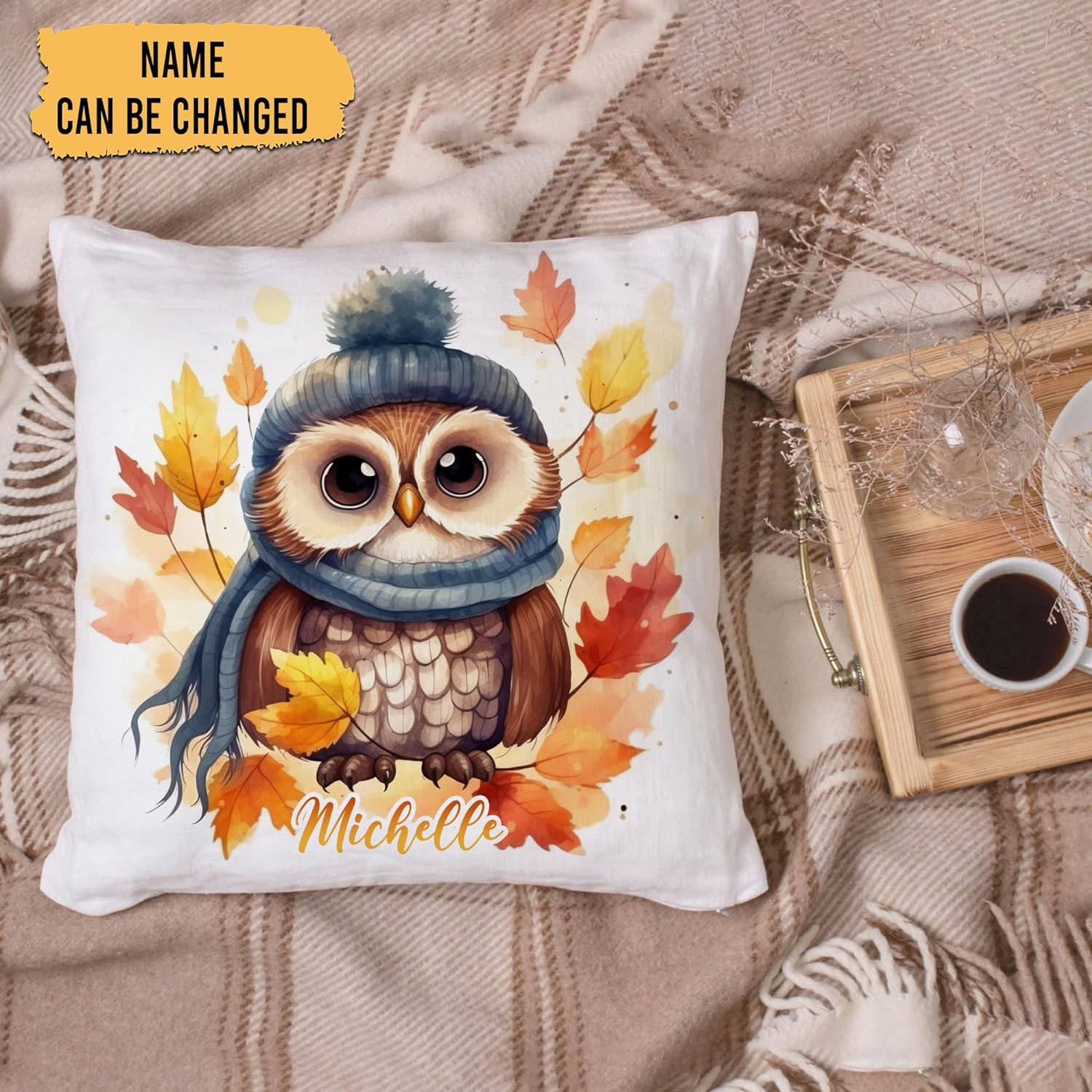 Owl Maple Leaves - Personalized Pillow (Insert Included)