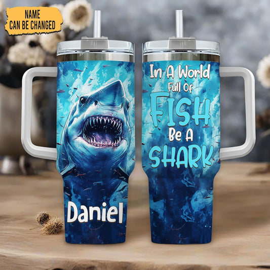 Fierce Shark Ocean Tumbler 40oz with Handle & Straw – Personalized Stainless Steel Travel Cup with Lid – Cool Gift for Shark Lovers