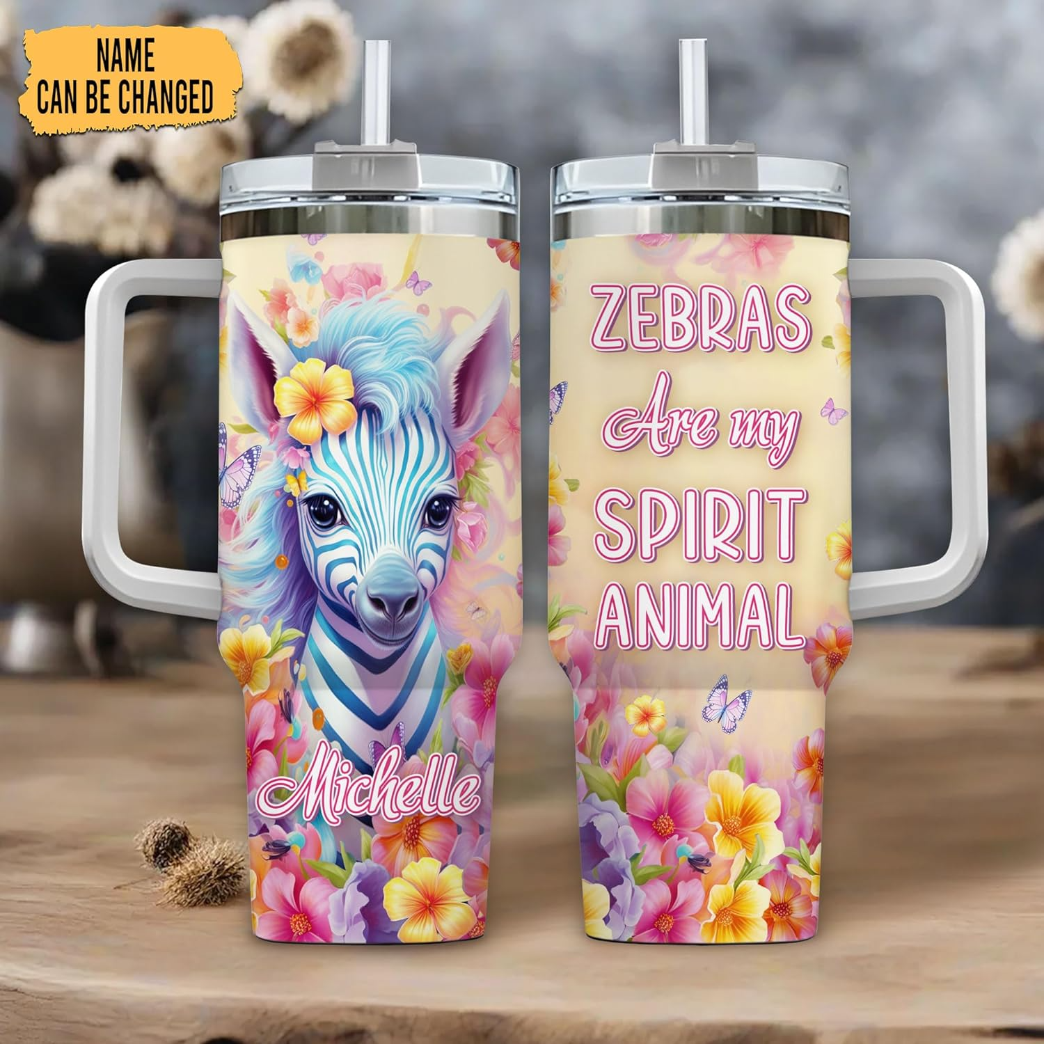 Zebra Lover Tumbler 40oz with Handle & Straw – Personalized Stainless Steel Insulated Cup with Lid – Stylish Birthday Gift for Animal Fans