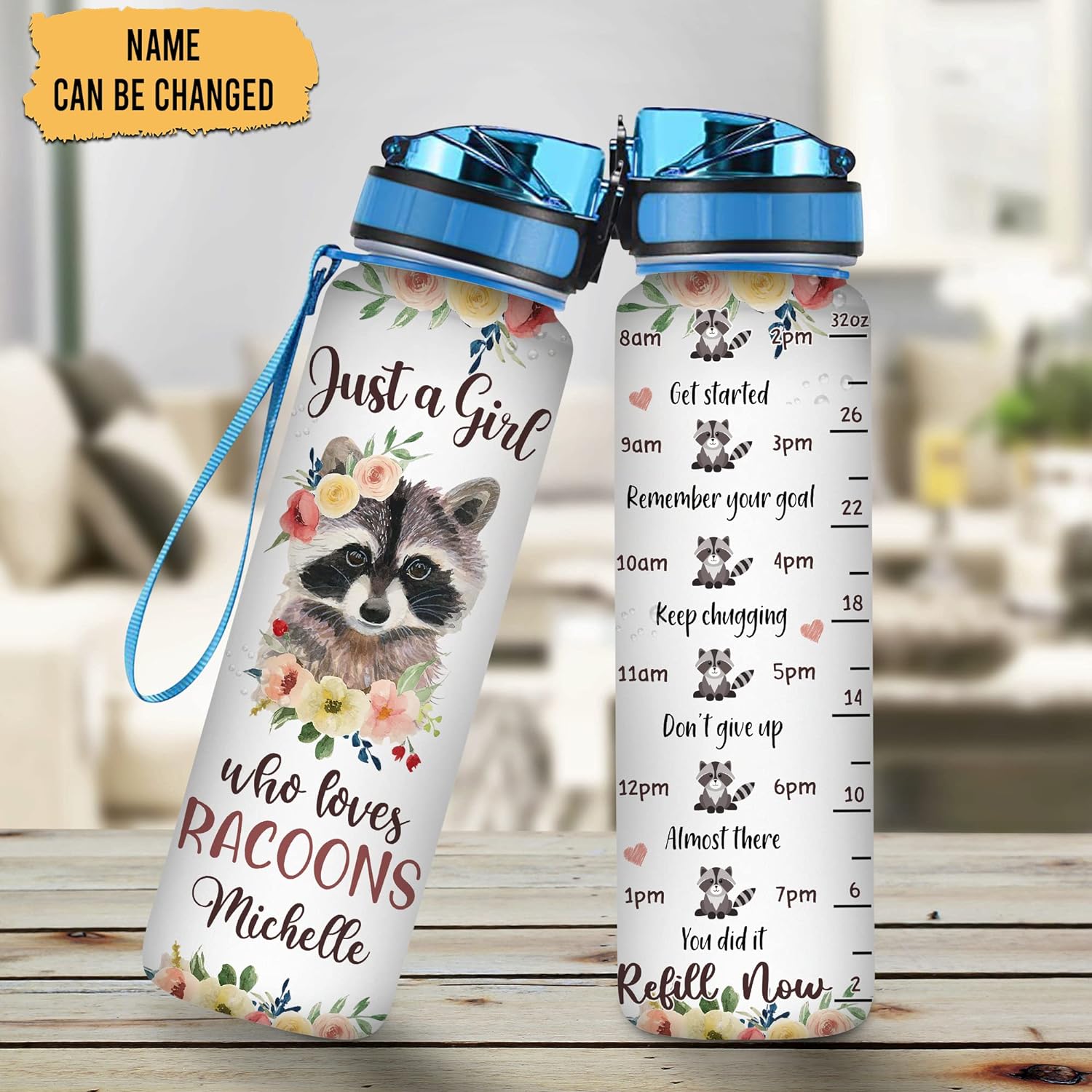 Raccoon Lovers Water Bottle Tracker 32oz – Personalized Hydration Bottle with Time Marker – Cute Gift for Women & Girls