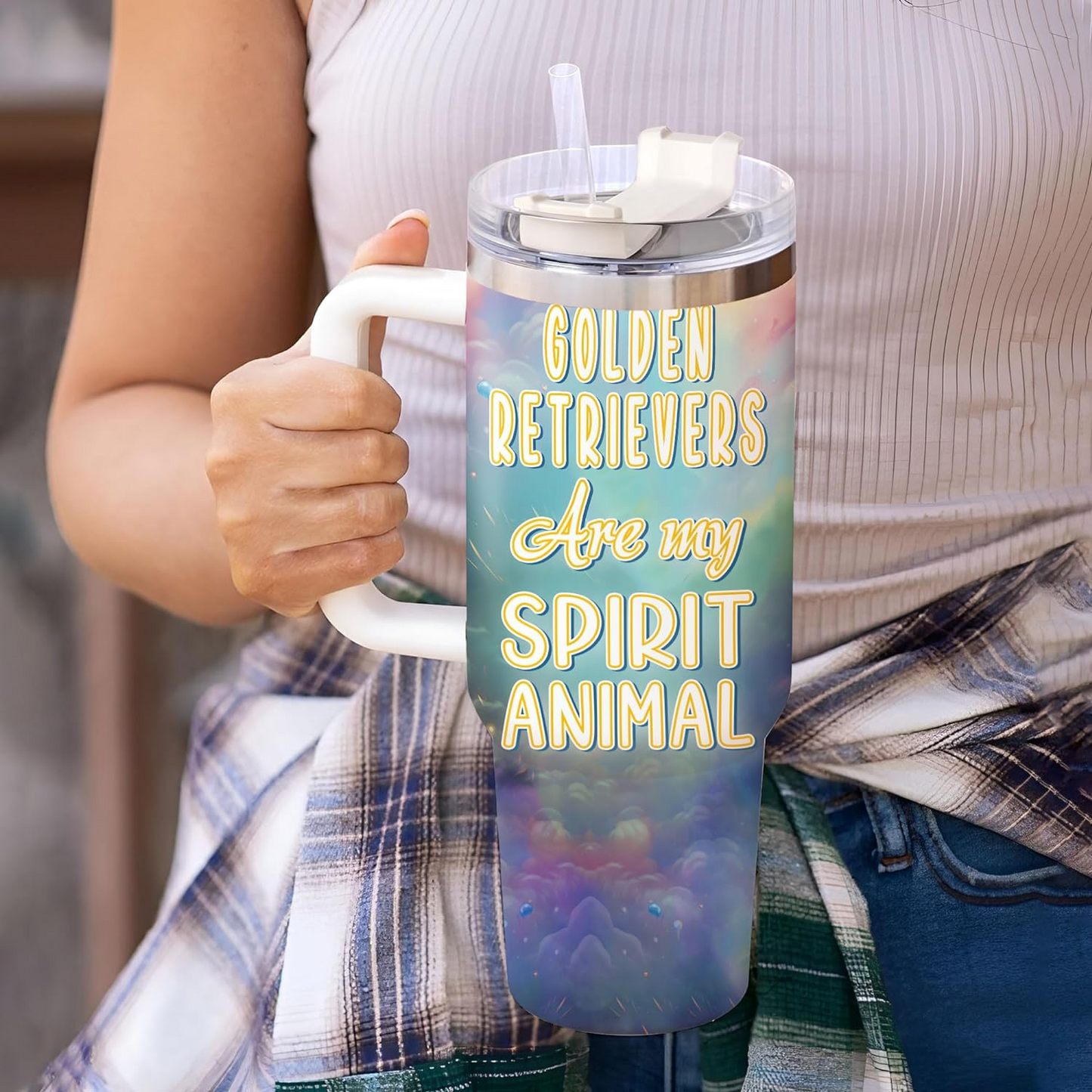 Golden Retriever Spirit Animal Tumbler 40oz – Personalized Stainless Steel Travel Cup with Handle & Straw – Perfect Gift for Dog Moms