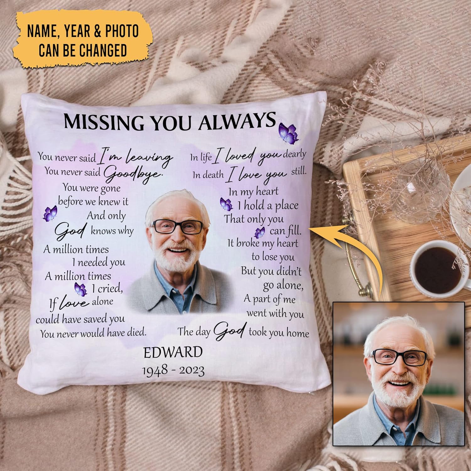 Butterfly Heaven Personalized Memorial Pillow with Insert – Custom Photo Remembrance Cushion – Healing Gift for Loss of Loved One