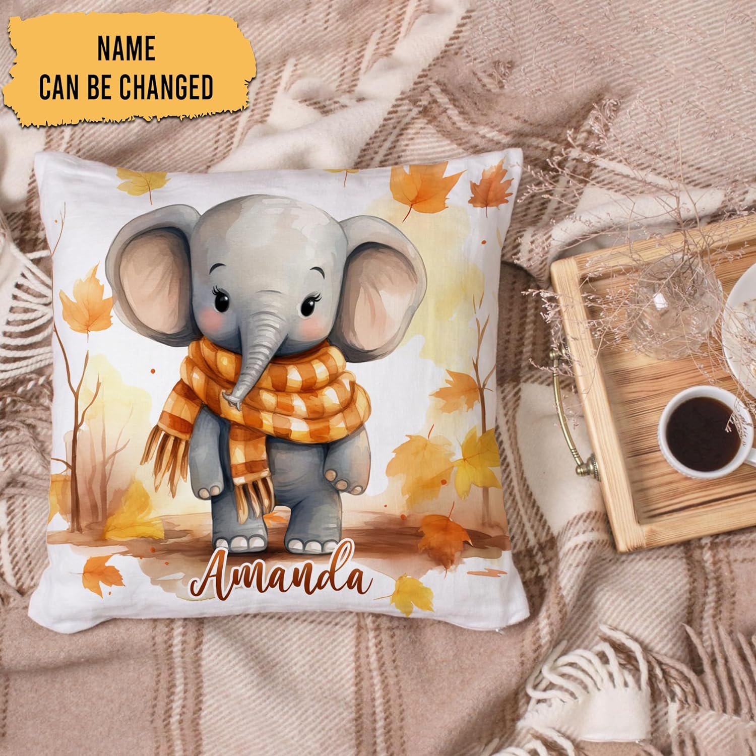 Elephant Maple Leaves - Personalized Pillow (Insert Included)