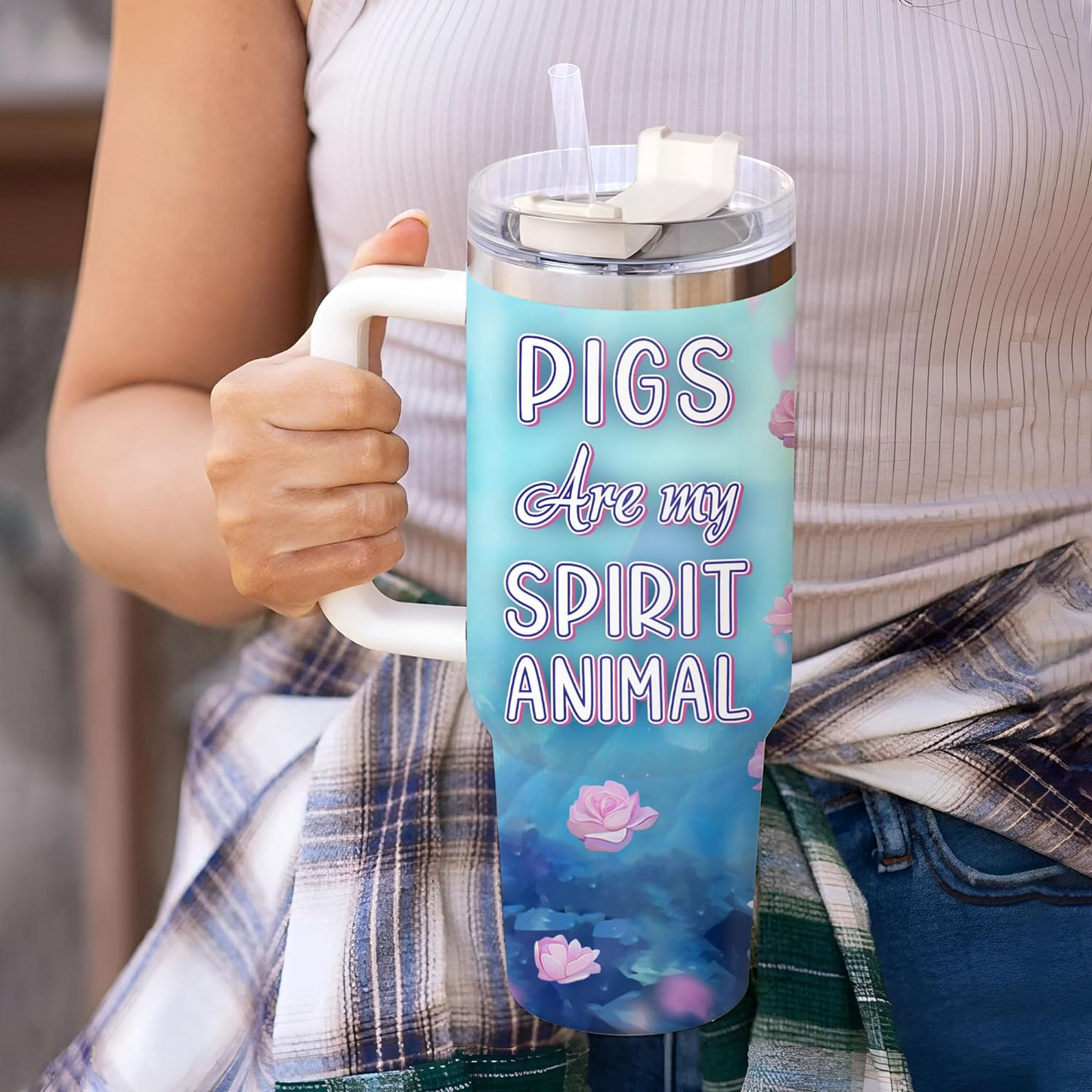 Pig Lover Tumbler 40oz with Handle & Straw – Personalized Stainless Steel Insulated Travel Cup with Lid – Cute Birthday & Christmas Gift for Animal Lovers