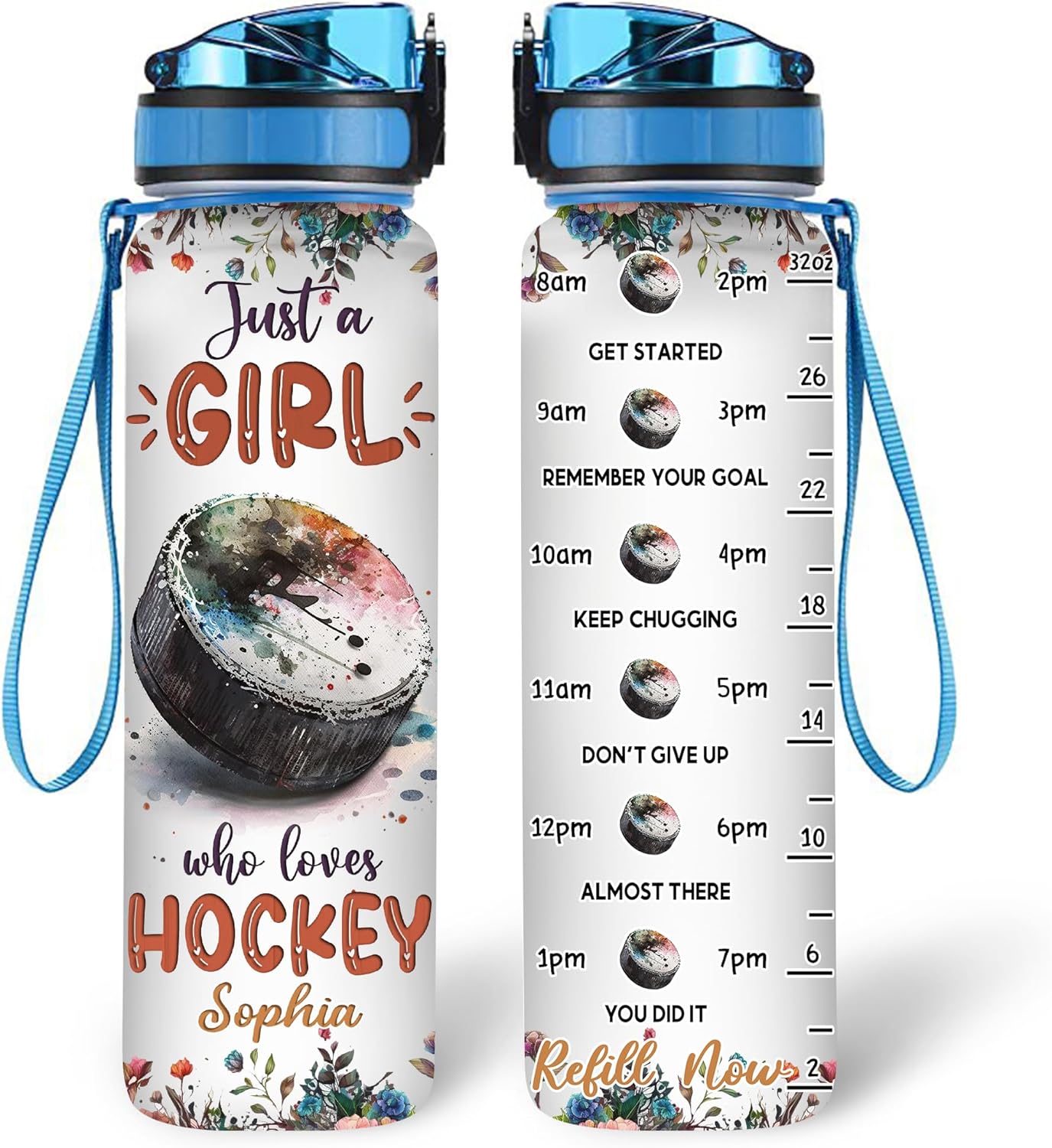 Hockey Lovers Water Bottle Tracker 32oz – Personalized Motivational Hydration Bottle with Time Marker – Sporty Gift for Women, Girls on Birthday, Graduation