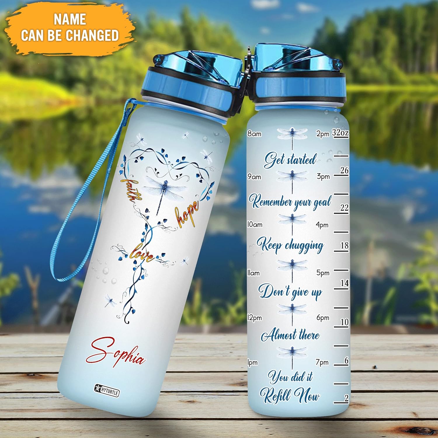 Dragonfly Theme Bottle - Personalized Water Tracker Bottle 32oz