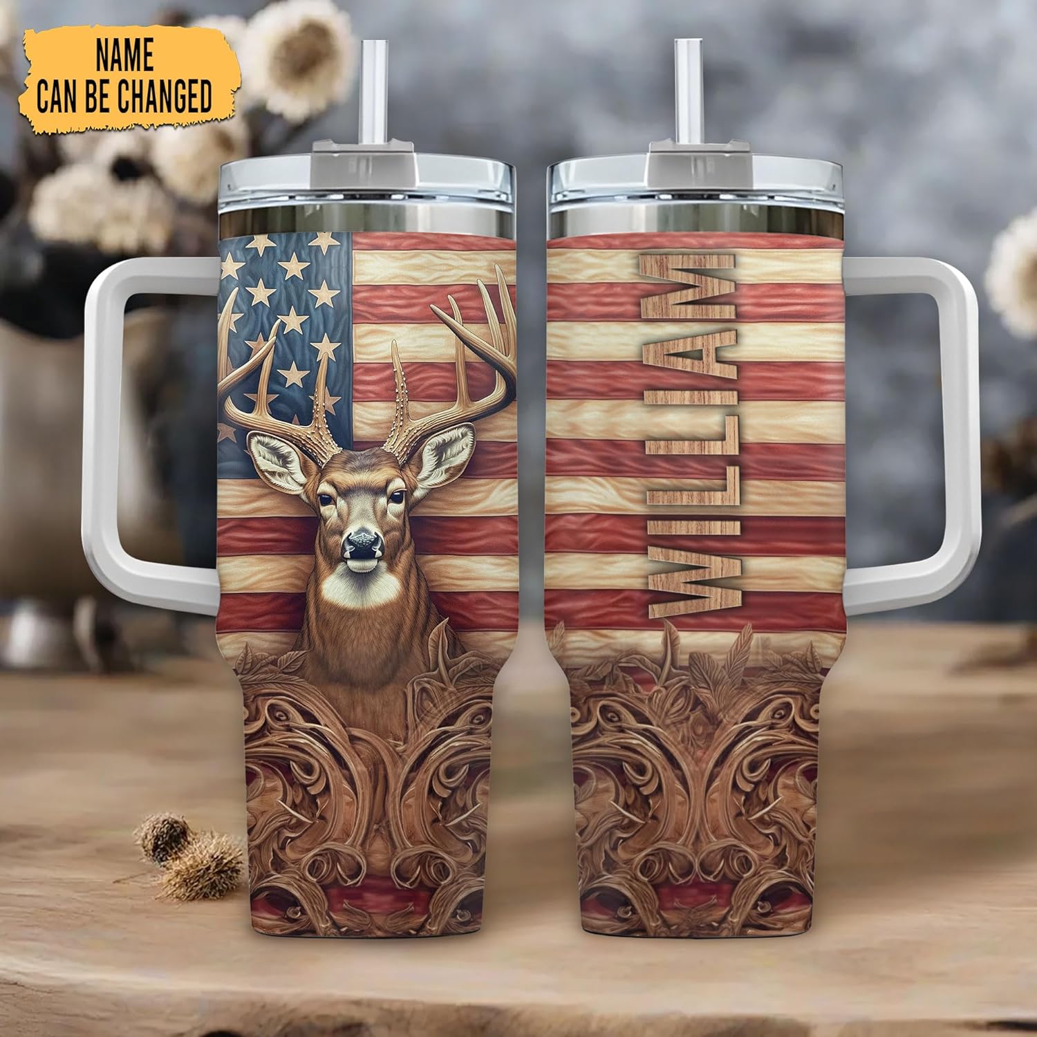 American Flag Deer Hunting Tumbler 40oz – Personalized Stainless Steel Insulated Cup with Handle & Straw – Rugged Gift for Hunters