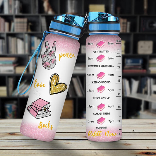 Peace Love Books Water Bottle Tracker 32oz – Personalized Hydration Bottle with Time Marker – Stylish Gift for Readers