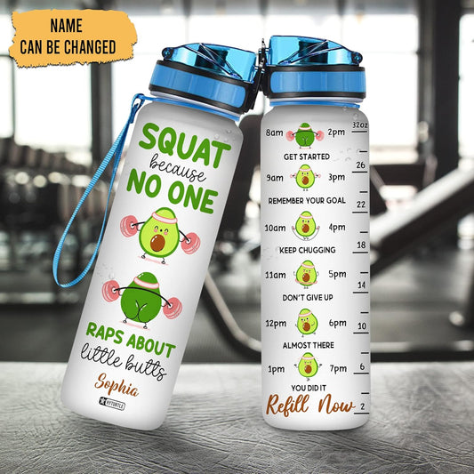 Funny Avocado Fitness Water Bottle Tracker 32oz – Personalized Motivational Bottle with Time Marker – Creative Gift for Gym Lovers