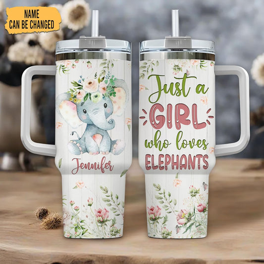 Elephant Floral 40oz Tumbler with Handle & Straw – Personalized Stainless Steel Insulated Travel Cup with Lid – Creative Gift for Animal Lovers