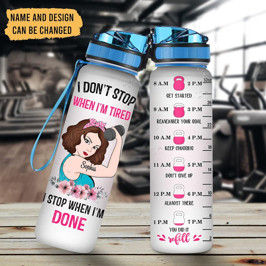 Fitness Motivation Water Bottle Tracker 32oz Personalized – Gym Themed Daily Bottle with Time Marker – Strong Gift for Women