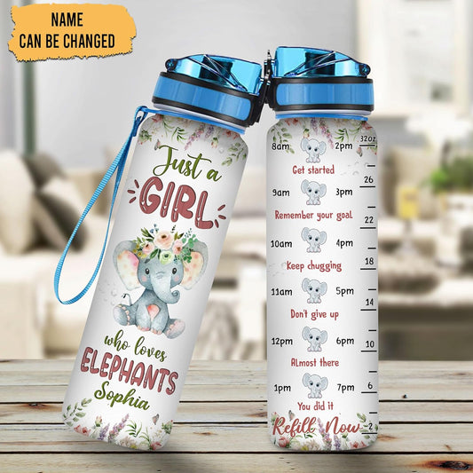 Elephant Water Bottle Tracker 32oz Personalized – Cute Animal Hydration Bottle – Birthday or Christmas Gift for Elephant Lovers