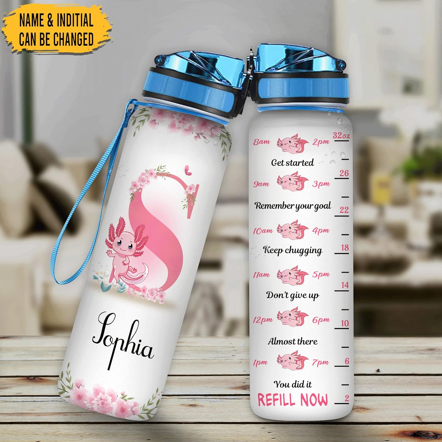 Axolotl Theme Water Bottle Tracker 32oz – Personalized Motivational Bottle with Time Marker – Cute Gift for Axolotl Lovers