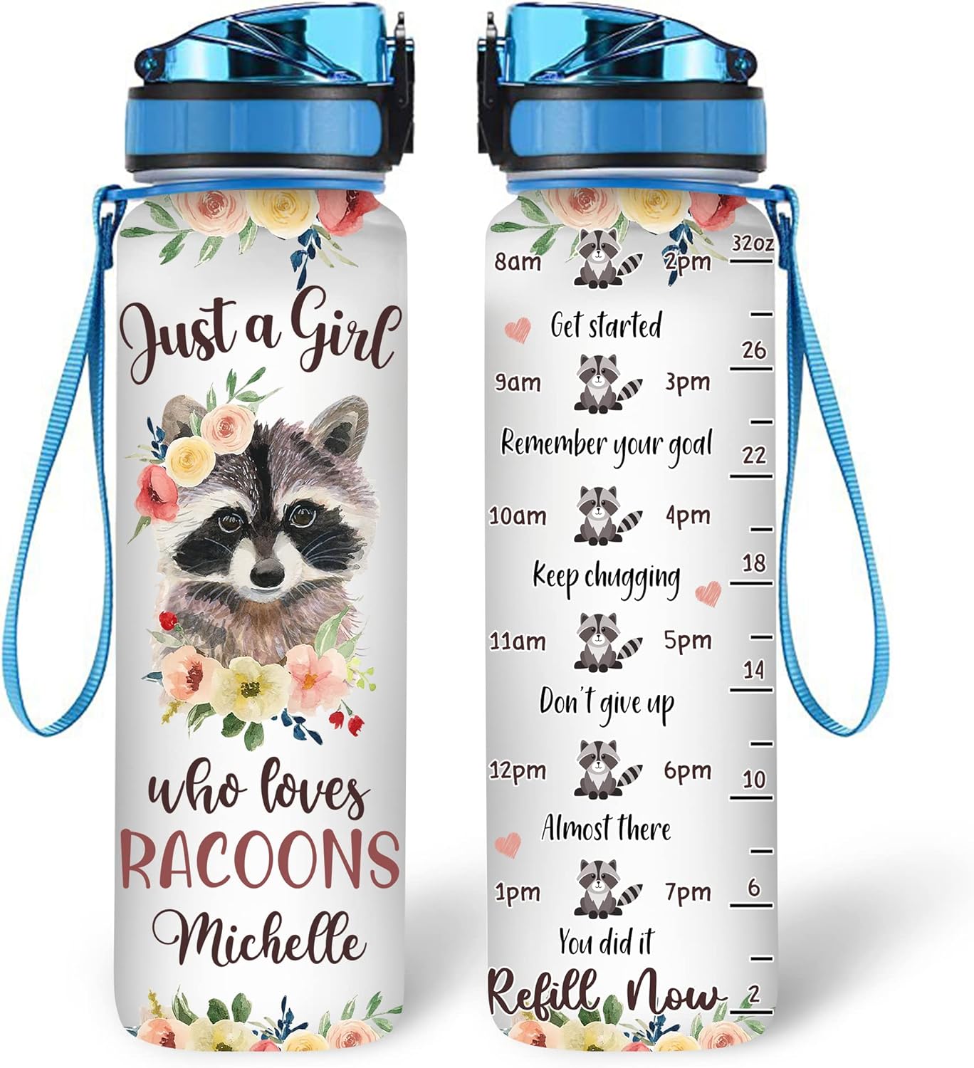 Raccoon Lovers Water Bottle Tracker 32oz – Personalized Hydration Bottle with Time Marker – Cute Gift for Women & Girls