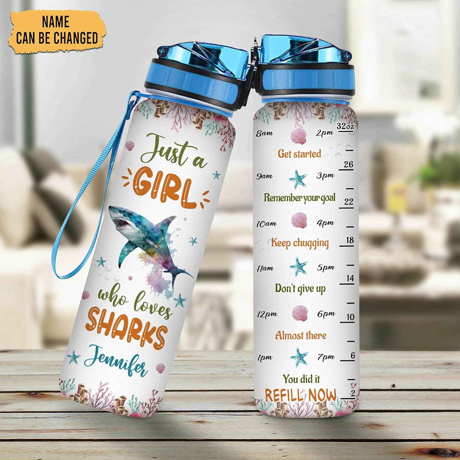 Shark Lovers Water Bottle Tracker 32oz – Personalized Hydration Bottle with Time Marker – Bold Gift for Ocean Enthusiasts