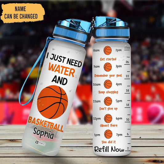 Basketball Theme Water Bottle Tracker 32oz – Personalized Motivational Sports Hydration Bottle with Time Marker – Unique Gift for Basketball Lovers