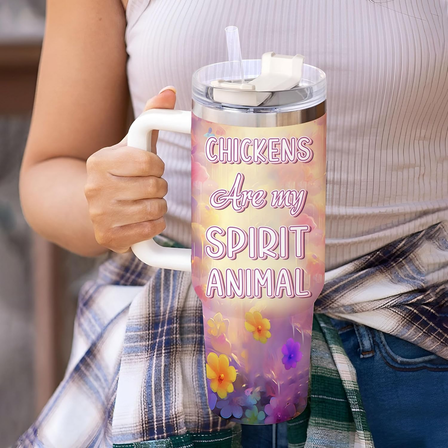 Colorful Chicken Tumbler 40oz with Handle & Straw – Personalized Stainless Steel Cup with Lid – Cute Farm Animal Gift for Women & Girls