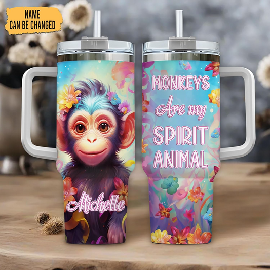 Monkey Lover Tumbler 40oz with Handle & Straw – Personalized Stainless Steel Insulated Travel Cup with Lid – Fun Birthday Gift for Animal Lovers