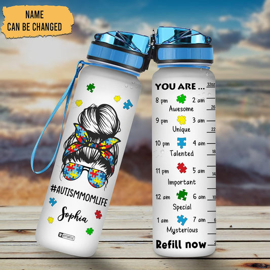 Autism Mom Life Water Bottle Tracker 32oz Personalized – Puzzle Piece Design Hydration Bottle with Time Marker – Awareness Gift for Moms