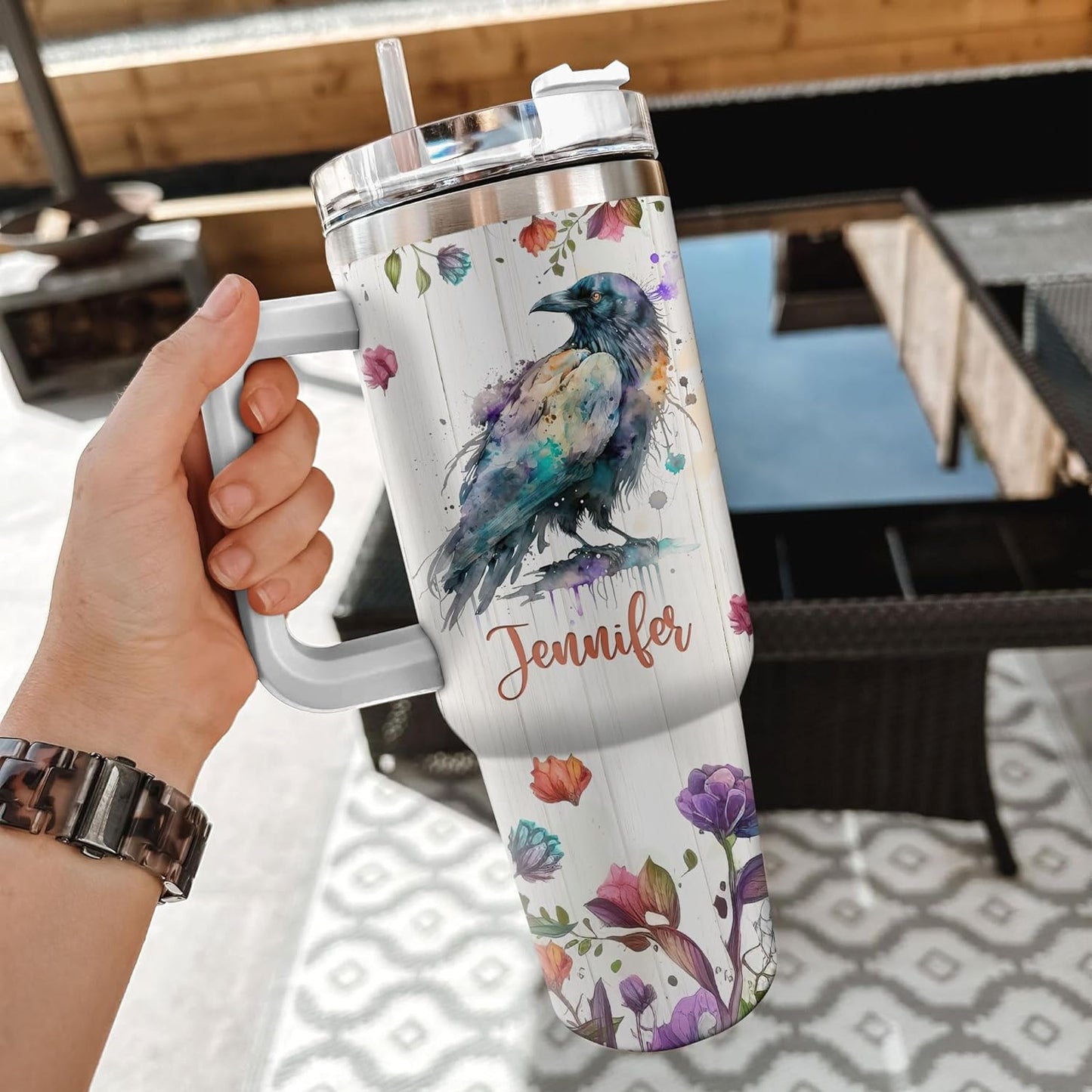 Crow Lover Tumbler 40oz with Handle & Straw – Personalized Stainless Steel Insulated Cup with Lid – Gothic Stylish Gift for Bird Lovers