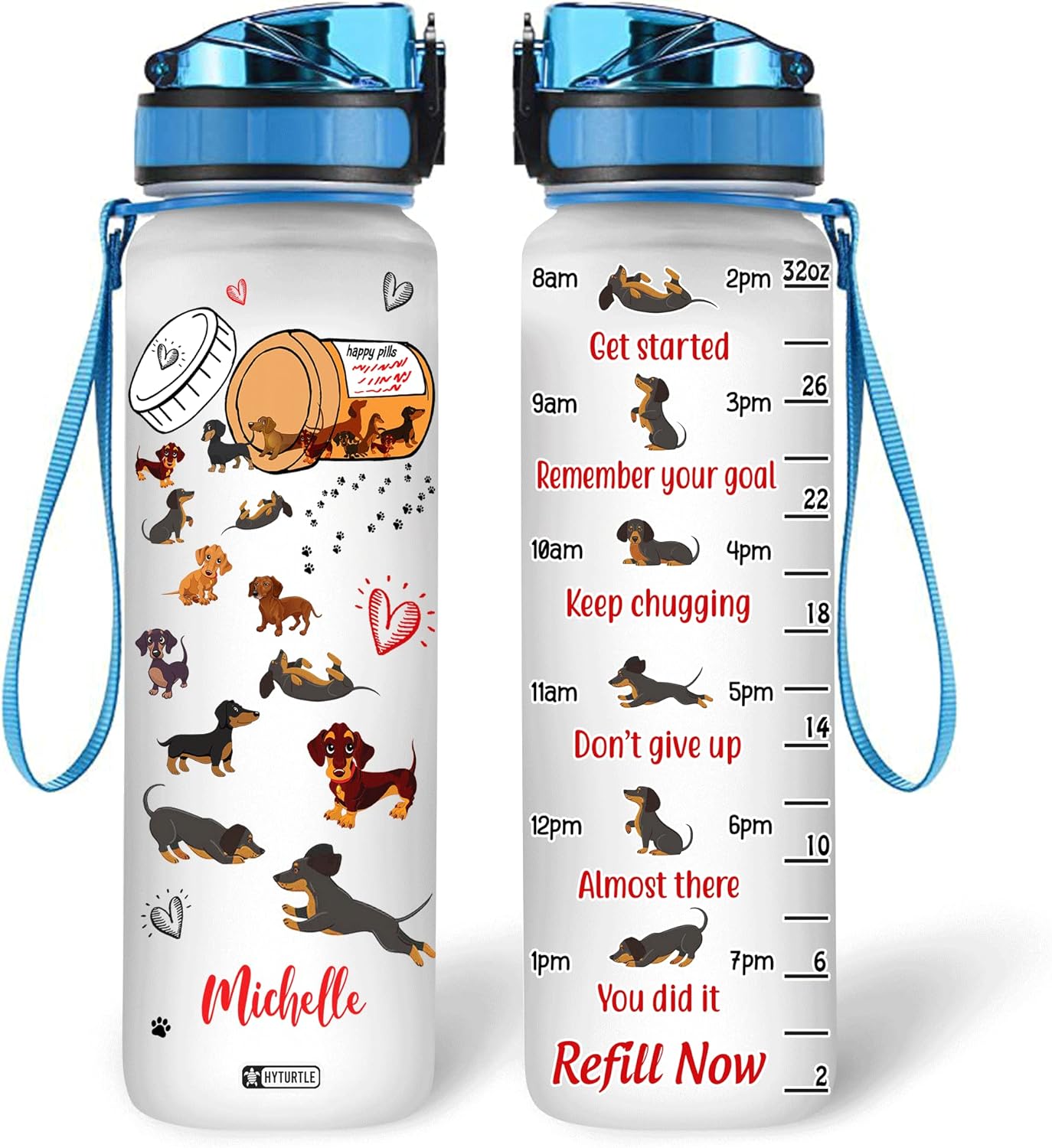 Dachshund Happy Pills Water Bottle Tracker 32oz – Personalized Motivational Bottle with Time Marker – Fun Gift for Dog Lovers