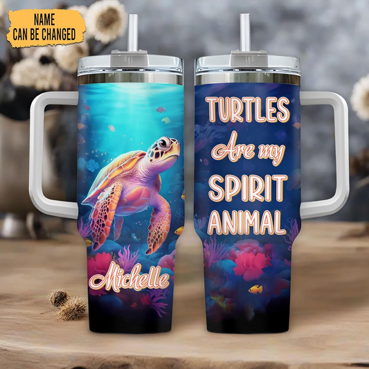 Sea Turtle Lover Tumbler 40oz with Handle & Straw – Personalized Stainless Steel Cup with Lid – Unique Gift for Ocean & Animal Lovers