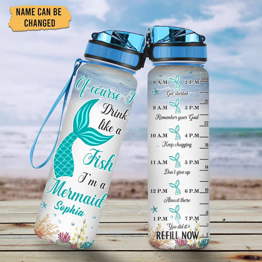 Mermaid Theme Water Bottle Tracker 32oz – Personalized Hydration Bottle with Time Marker – Fun Gift for Mermaid Lovers