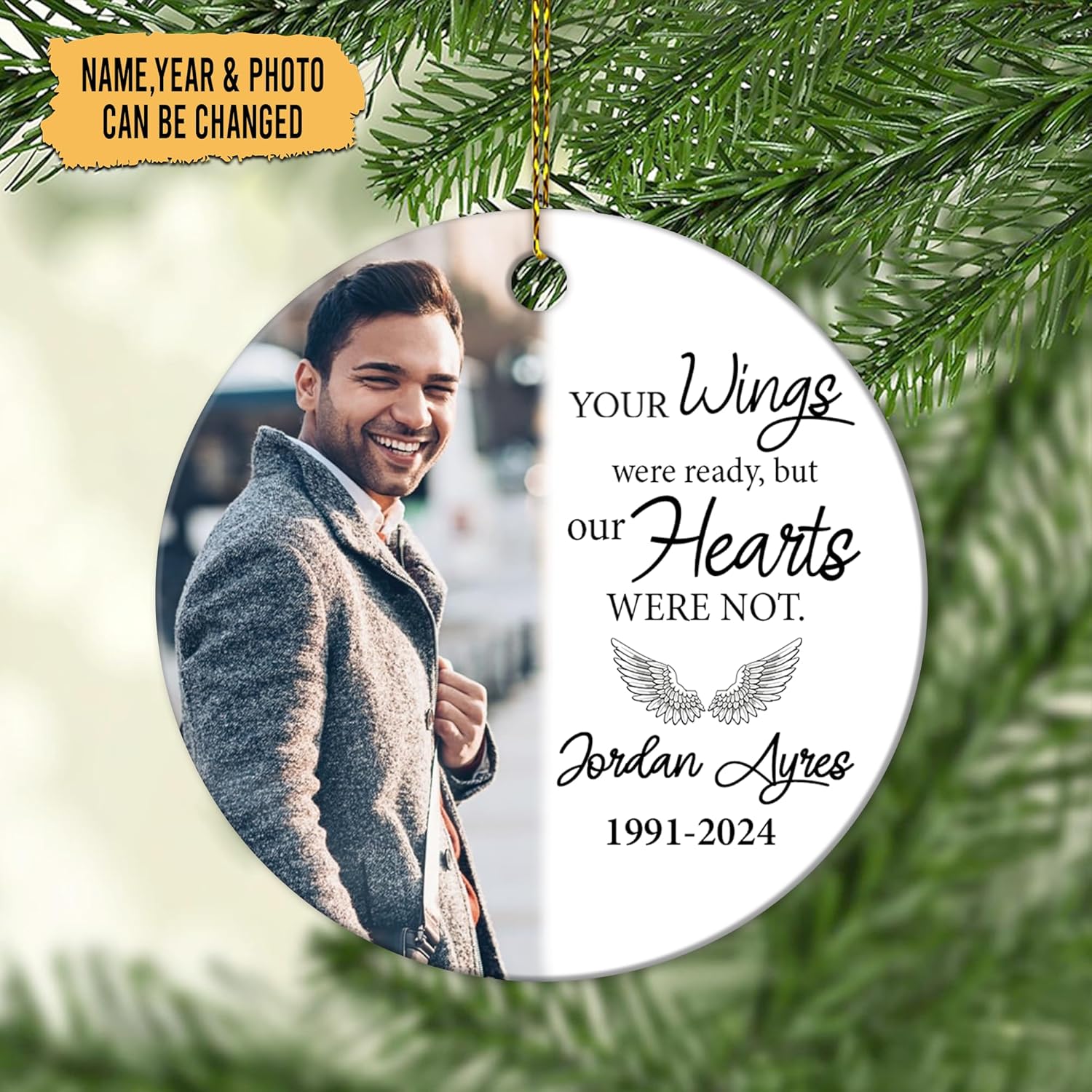 “Your Wings Were Ready” Memorial Ceramic Ornament – Personalized Custom Photo Circle Keepsake, Sympathy Christmas Gift for Family Loss