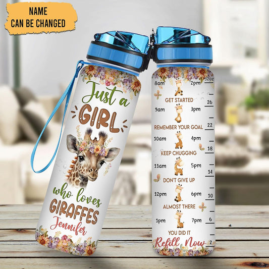 Giraffe Lovers Water Bottle Tracker 32oz – Personalized Motivational Hydration Bottle with Time Marker – Creative Gift for Women, Girls on Birthday, Graduation