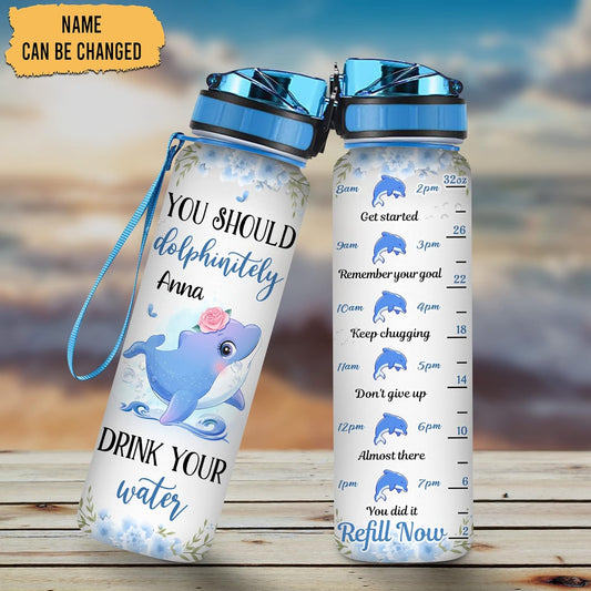 Dolphin Lovers Water Bottle Tracker 32oz – Personalized Daily Bottle with Time Marker – Cute Gift for Women Girls