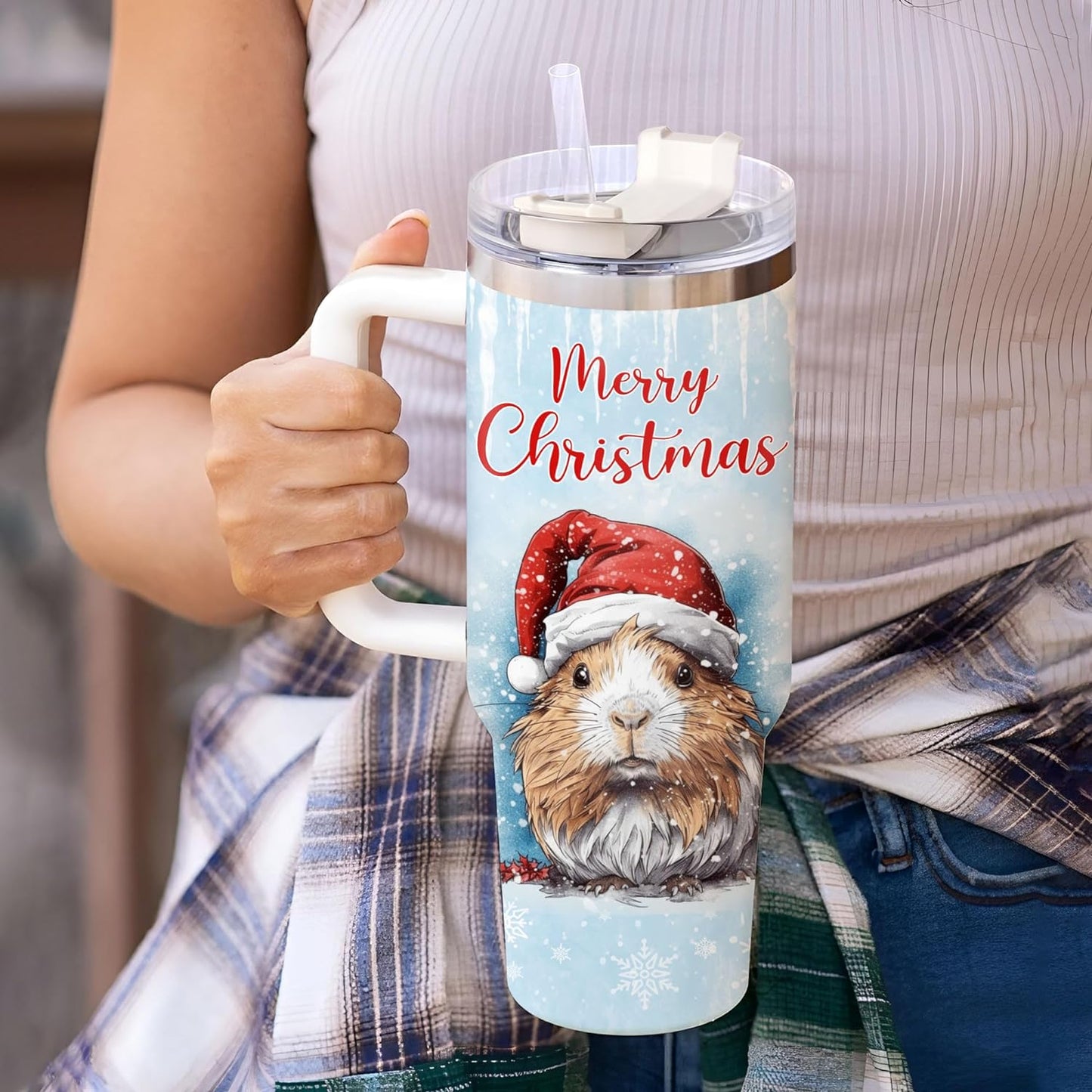 Christmas Guinea Pig Tumbler 40oz with Handle & Straw – Personalized Stainless Steel Insulated Travel Cup with Lid – Cute Holiday Gift for Animal Lovers