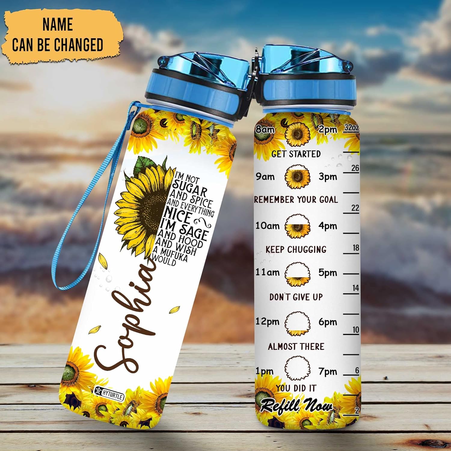 Sassy Sunflower Quote Water Bottle Tracker 32oz – Personalized Motivational Hydration Bottle – Fun Gift for Sunflower Lovers