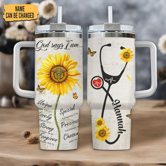 Nurse Sunflower Tumbler 40oz – Personalized Stainless Steel Insulated Cup with Handle & Straw, Leak-Proof Lid – Inspirational Gift for Nurses & Students