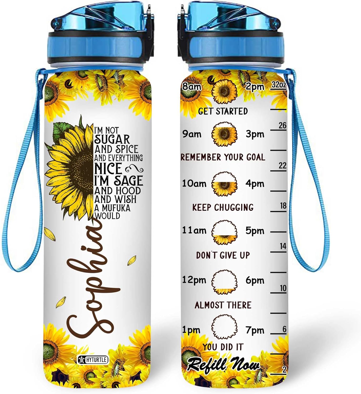 Sassy Sunflower Quote Water Bottle Tracker 32oz – Personalized Motivational Hydration Bottle – Fun Gift for Sunflower Lovers