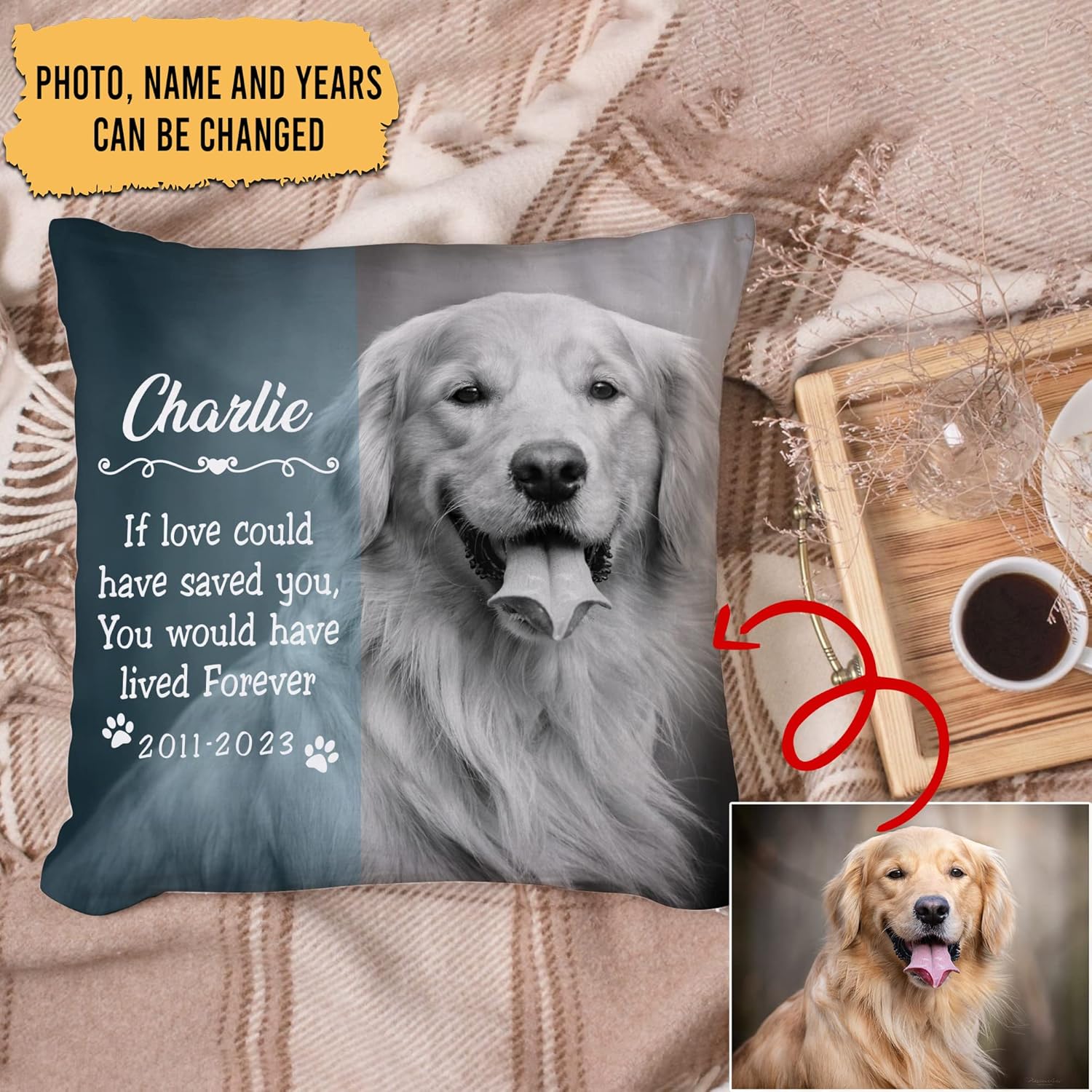 Dog Cat Pet Memorial Personalized Pillow with Insert – Custom Pet Photo Remembrance Cushion – Healing Sympathy Gift for Dog Lovers