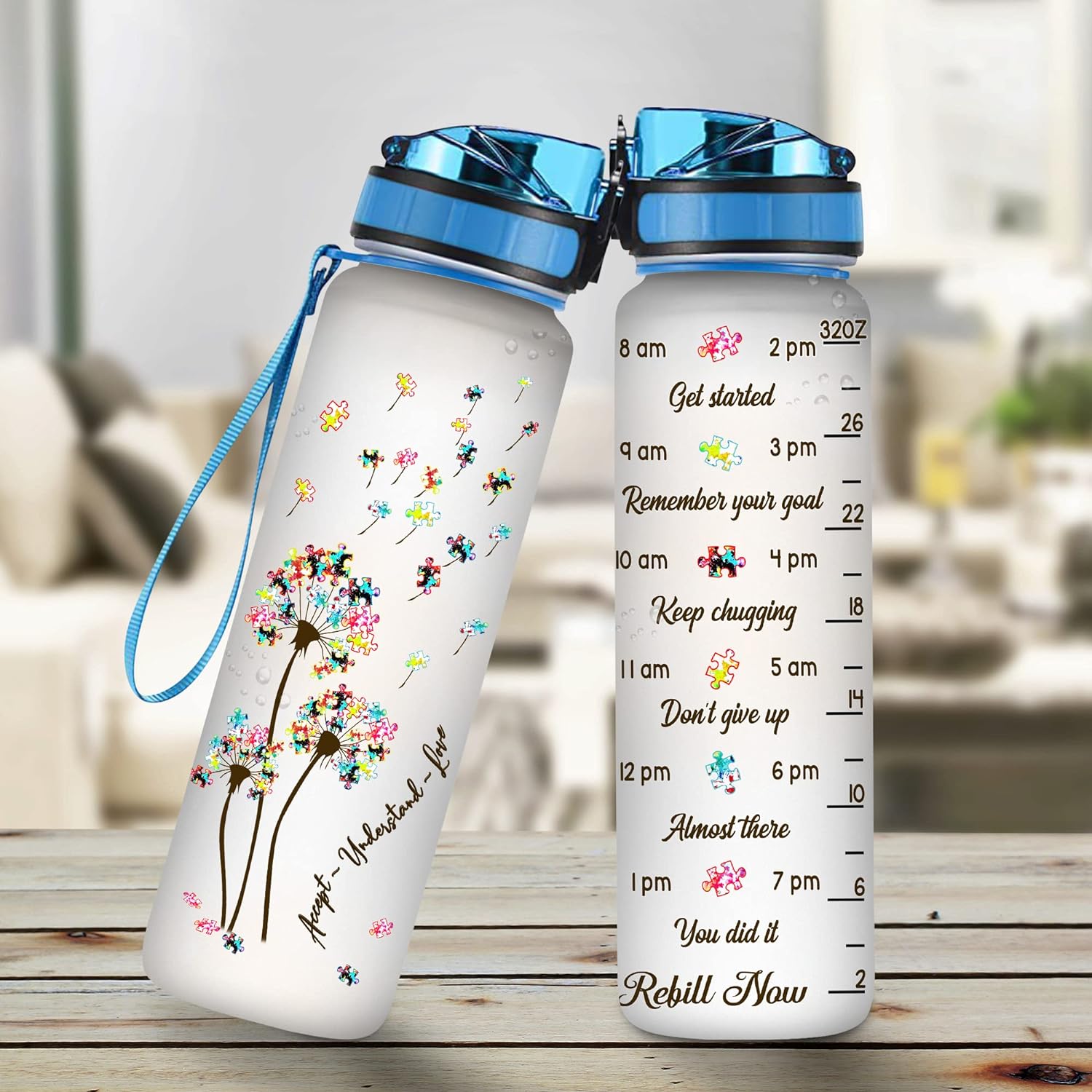 Autism Awareness Water Bottle Tracker 32oz – Personalized Hydration Bottle with Time Marker – Meaningful Gift for Supporters