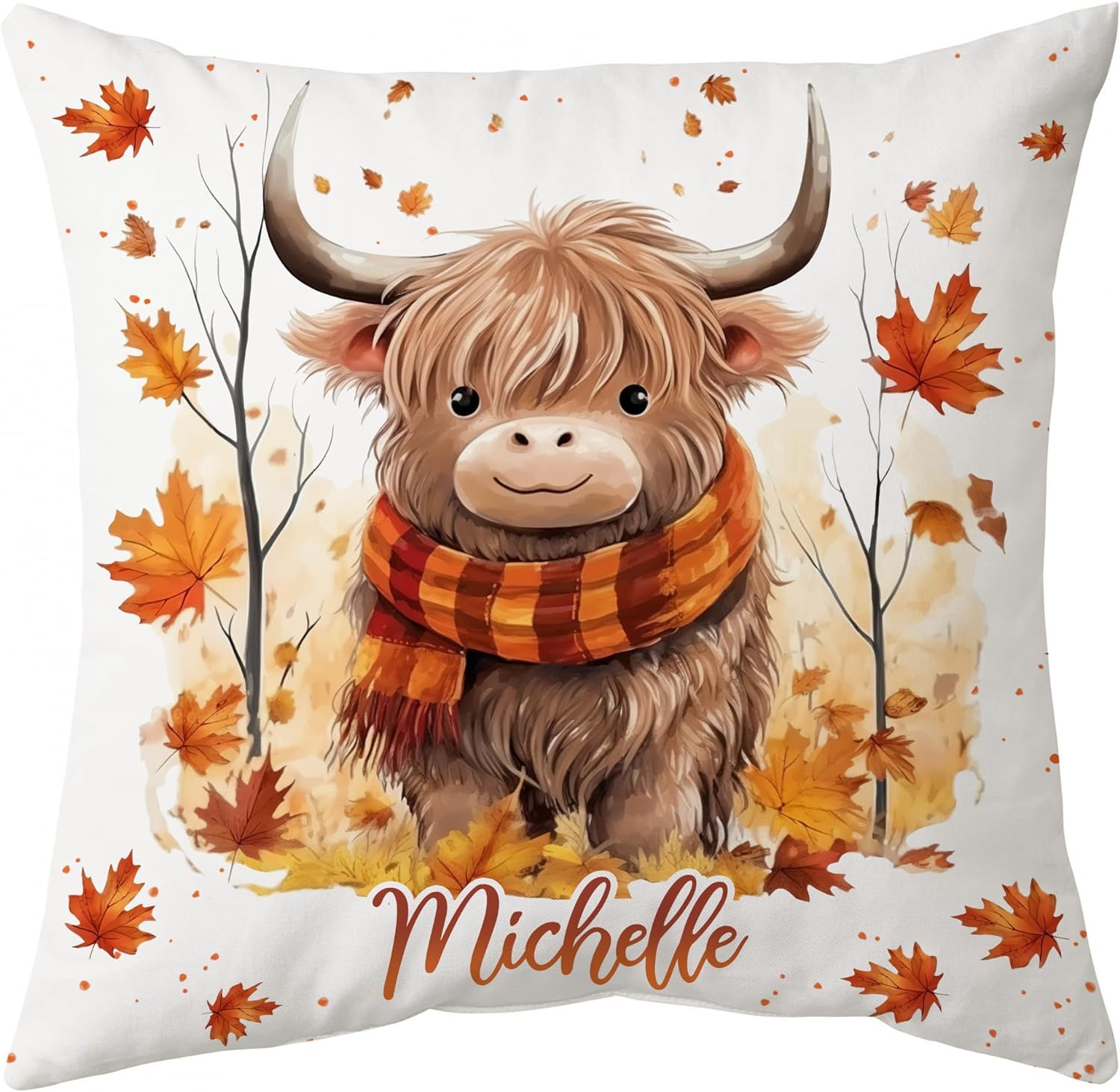 Highland Cow Maple Leaves - Personalized Pillow (Insert Included)