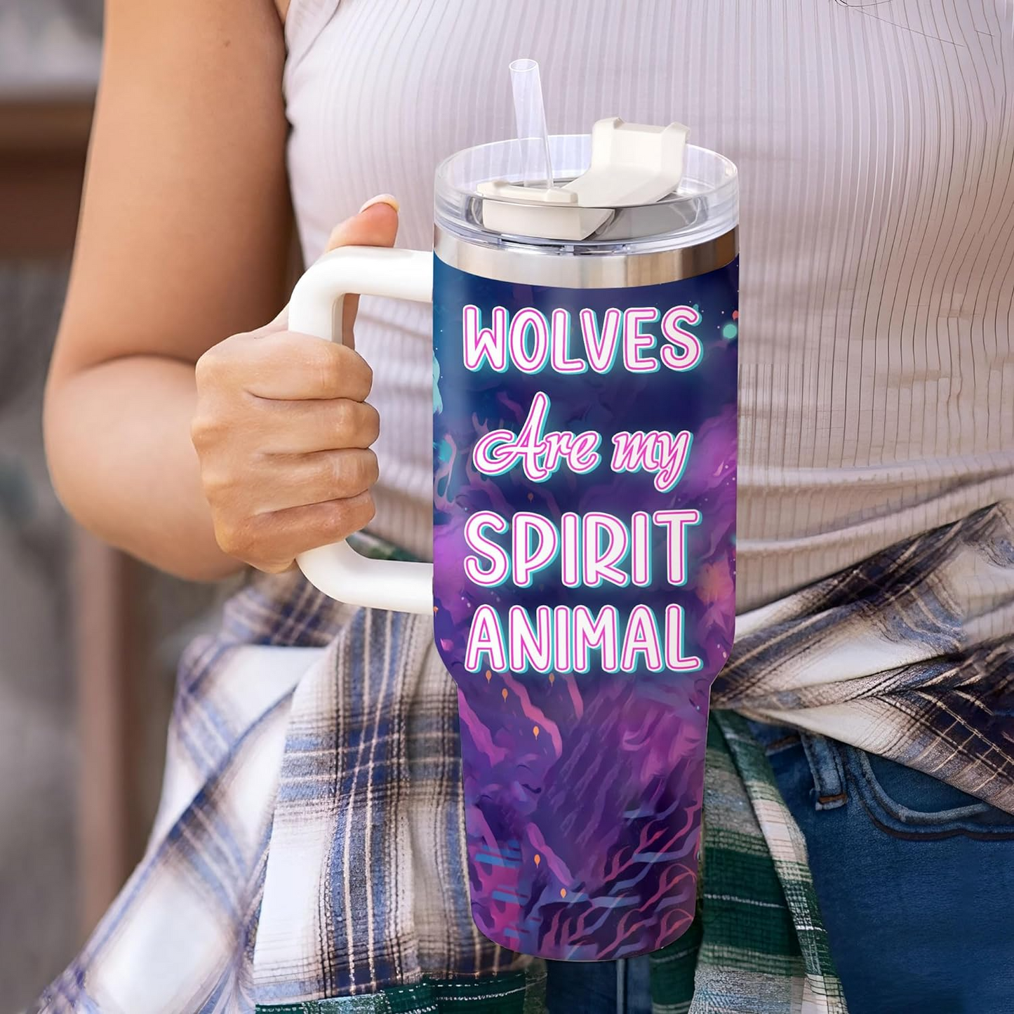 Galaxy Wolf Tumbler 40oz with Handle & Straw – Personalized Stainless Steel Cup with Lid – Stylish Animal Gift for Women & Teens