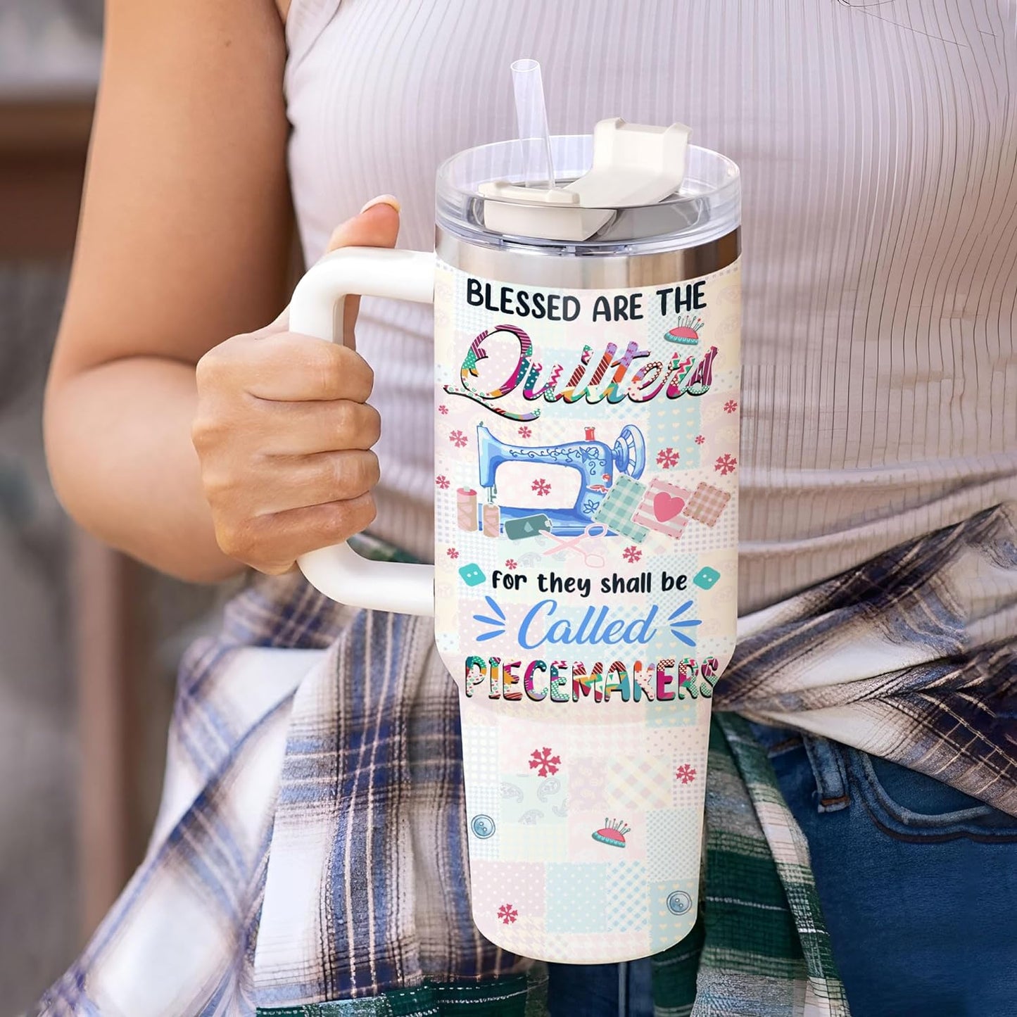Quilting Patchwork Tumbler 40oz with Handle & Straw – Personalized Stainless Steel Insulated Travel Cup with Lid – Unique Gift for Quilters