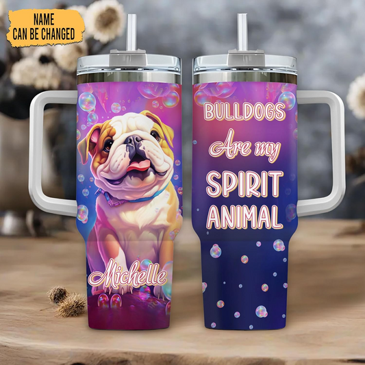 Bulldog Spirit Animal Tumbler 40oz – Personalized Stainless Steel Travel Cup with Handle & Straw – Fun Gift for Dog Moms & Pet Lovers
