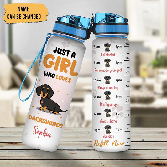 Just A Girl Who Loves Dachshunds Water Bottle Tracker 32oz – Personalized Motivational Hydration Bottle – Cute Gift for Dog Lovers