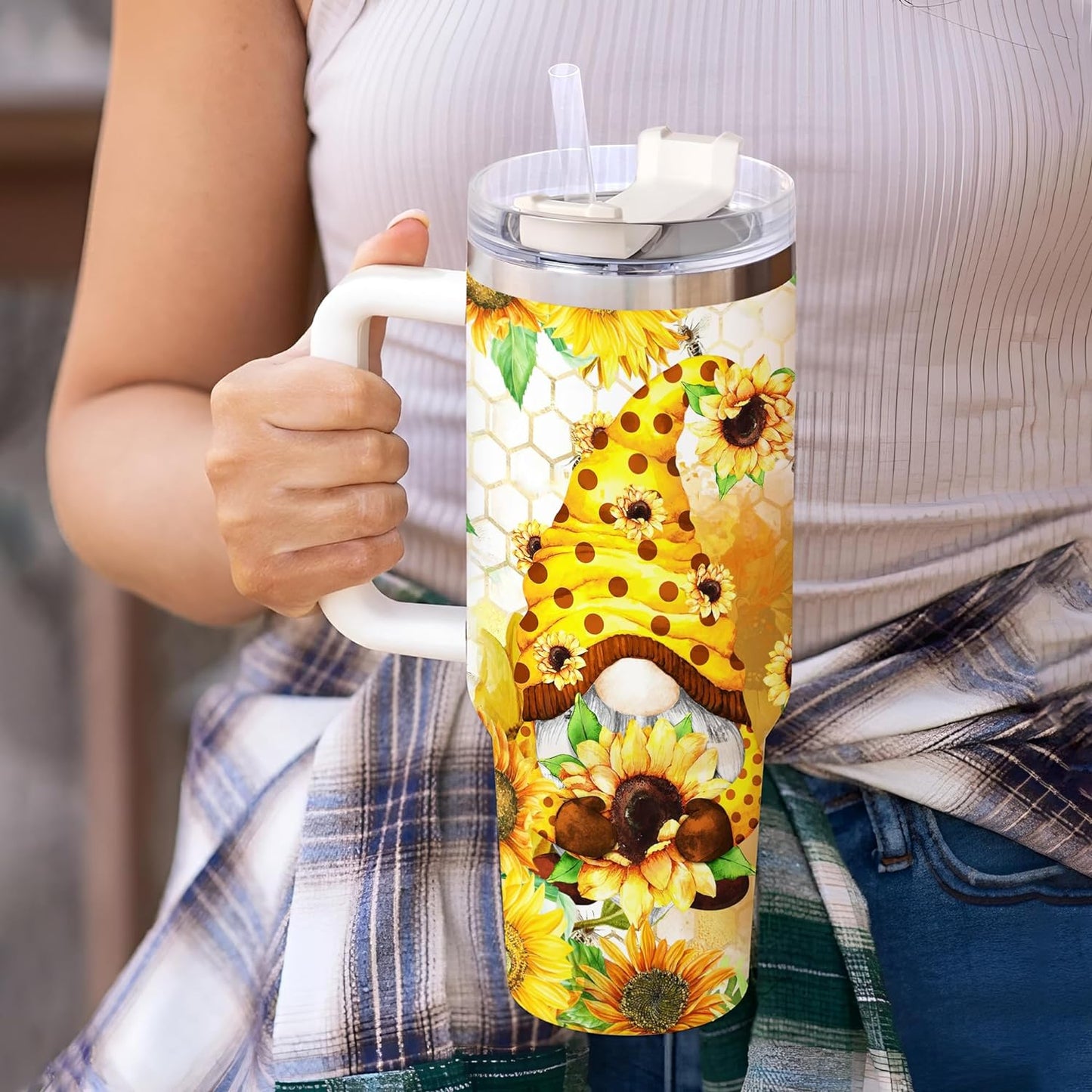 Sunflower Bee Gnome Tumbler 40oz with Handle & Straw – Personalized Stainless Steel Insulated Cup with Lid – Unique Gift for Gnome Lovers