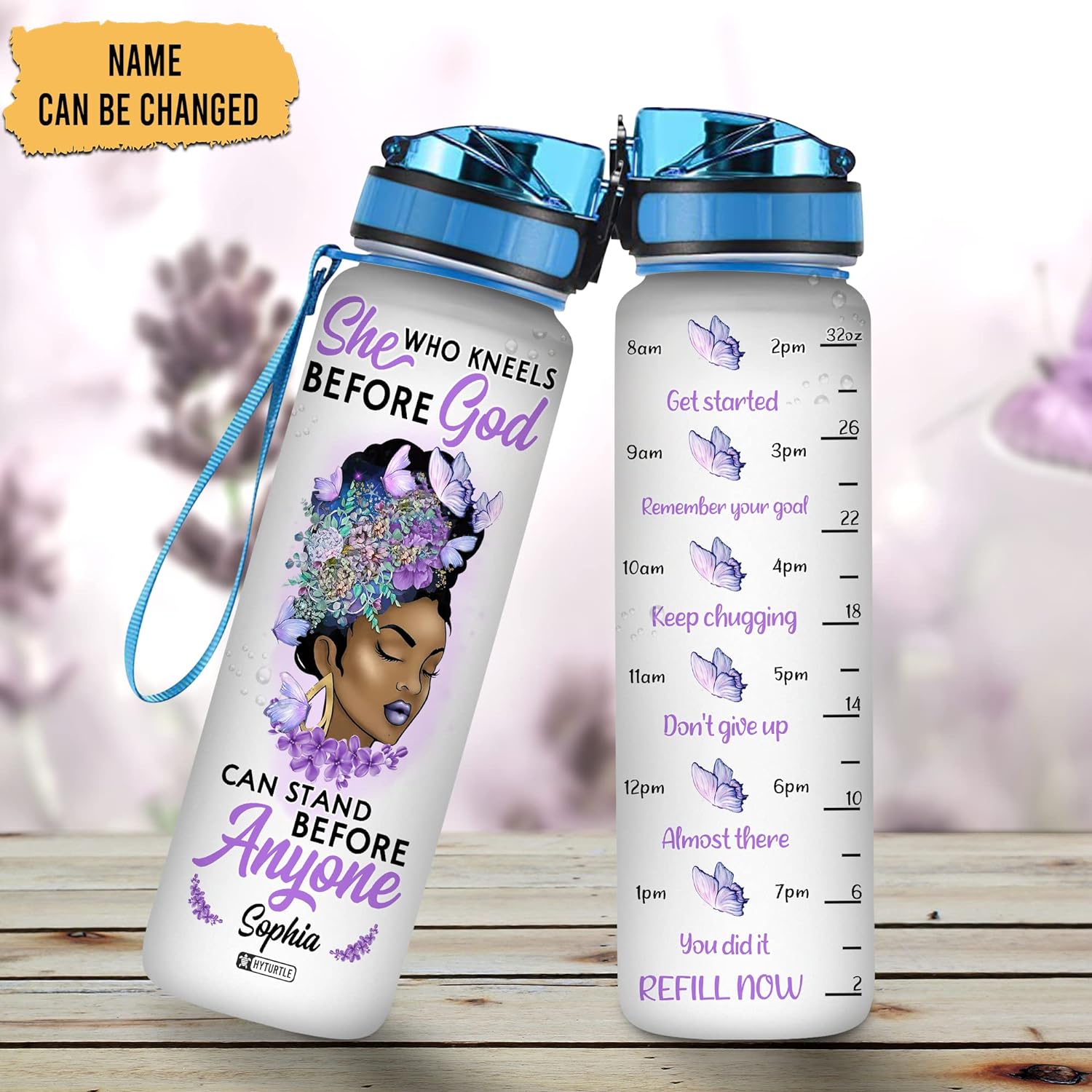 She Who Kneels Before God Water Bottle Tracker 32oz – Personalized Motivational Bottle with Time Marker – Faith Gift for Women