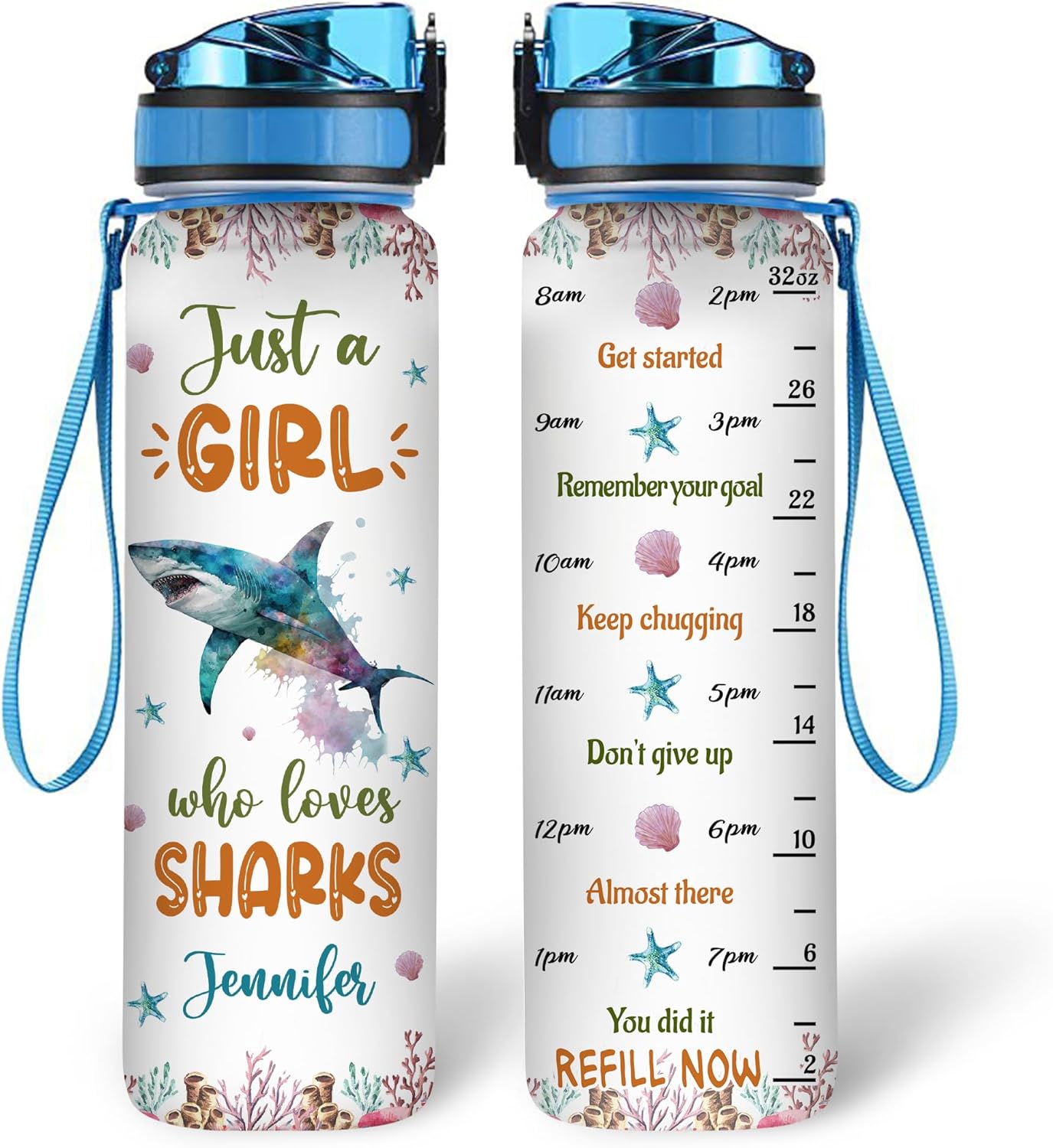 Shark Lovers Water Bottle Tracker 32oz – Personalized Hydration Bottle with Time Marker – Bold Gift for Ocean Enthusiasts