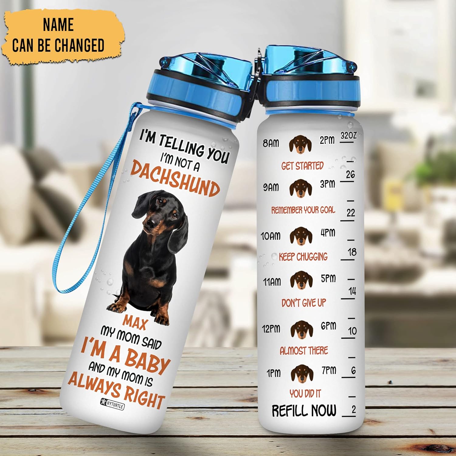 Funny Dachshund Lovers Water Bottle Tracker 32oz – Personalized Hydration Bottle with Time Marker – Playful Gift for Dog Moms